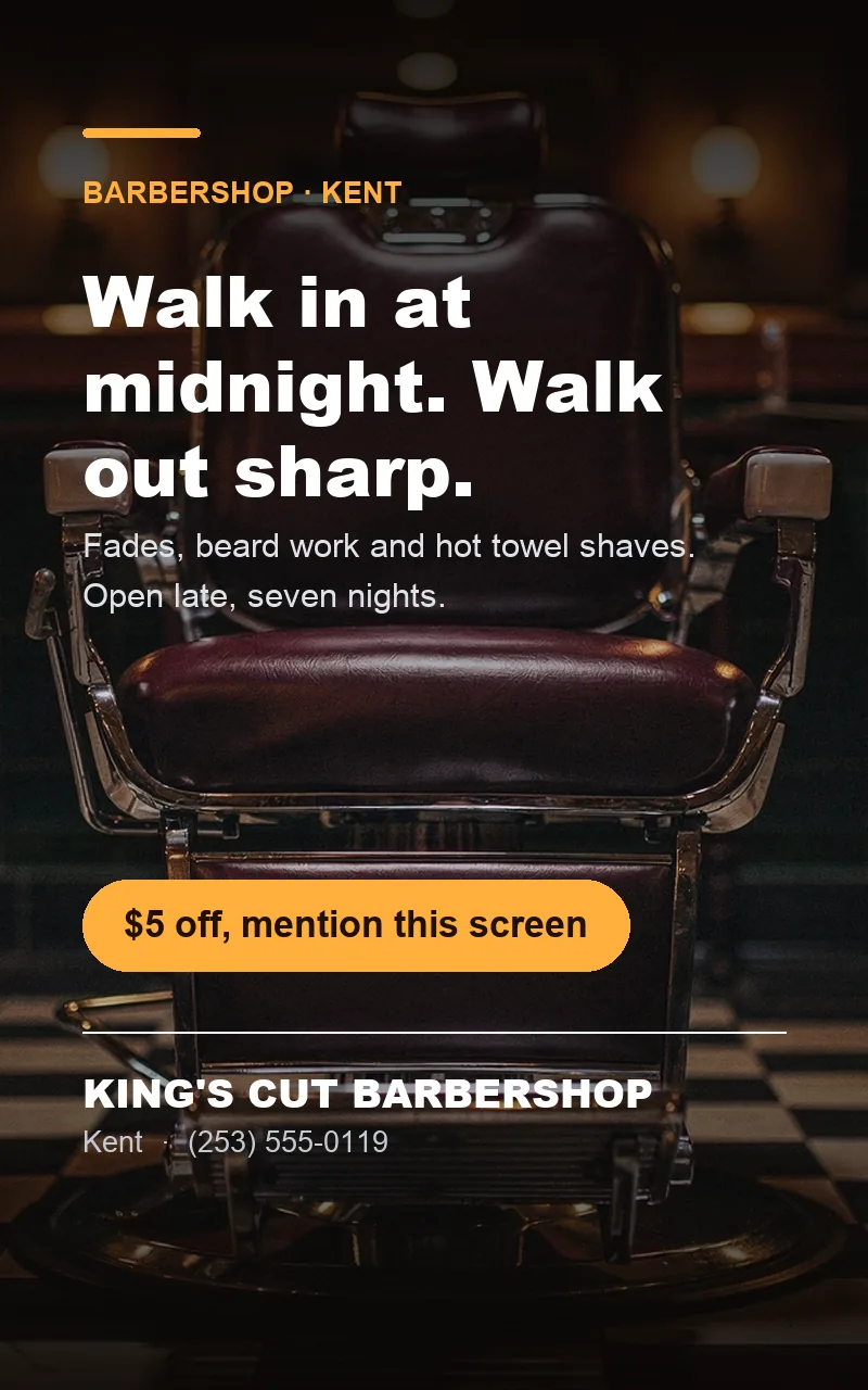 A paid slide for King's Cut Barbershop with a $5 off button.